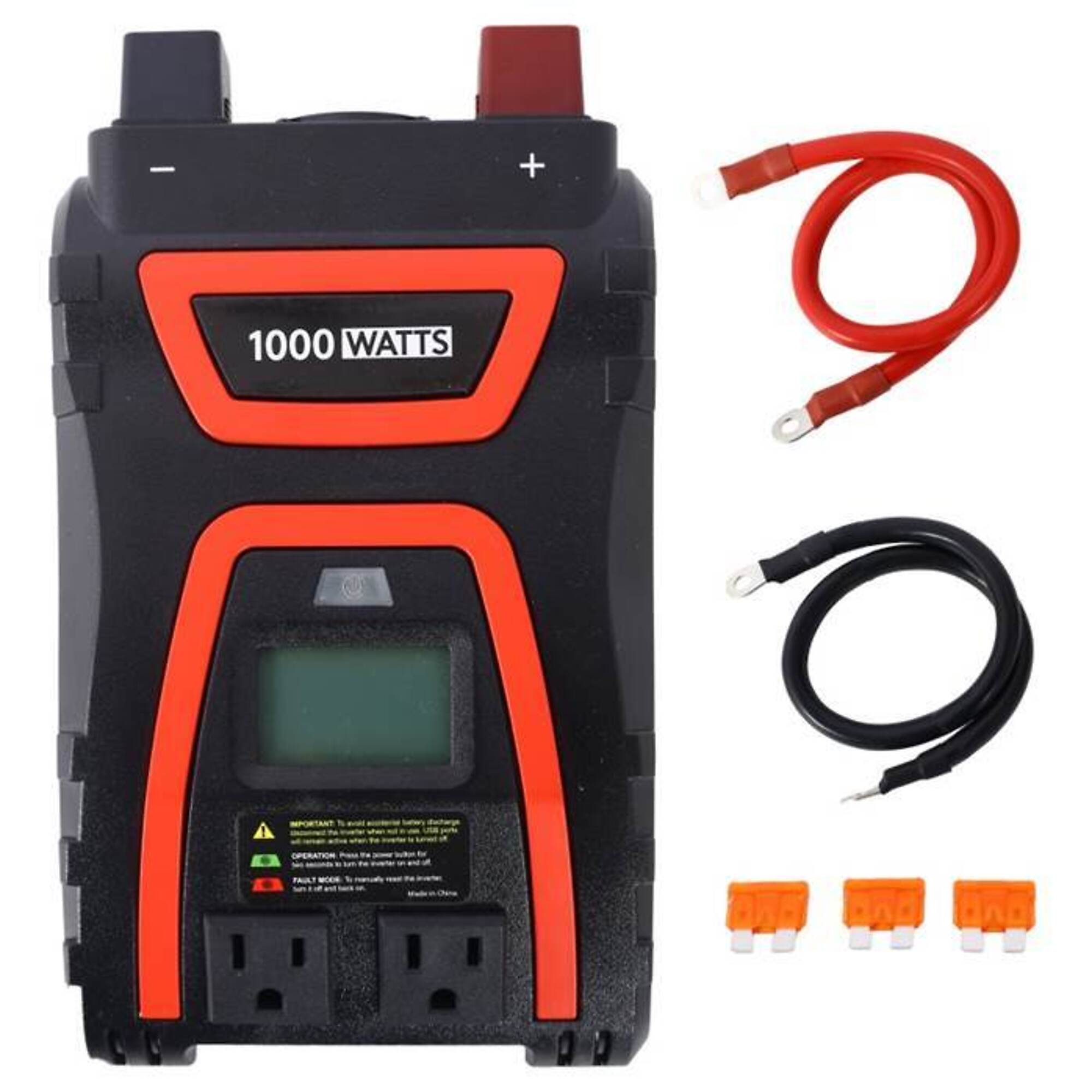 TMB Power Inverter — 1000W Continuous, 2000W Peak, 12V DC to 115V AC, 3 Outlets, 2 USB Ports, Type C Port, Model# BAC-W465P193470